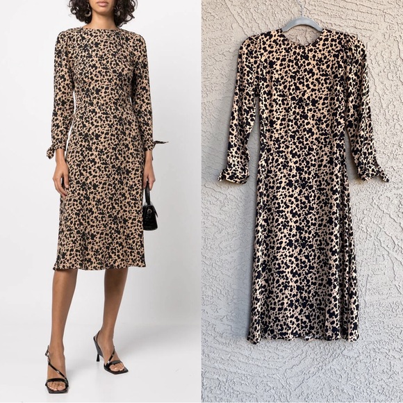 REFORMATION Tan & Black Spotted Leopard Print Tie Sleeve Port Blitz Midi Dress - Picture 3 of 12